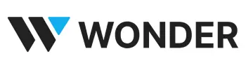 Wonder logo inline with black font and a blue accent color with a stylized W.