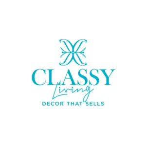 Classy Living logo with decorative emblem, brand name, and tagline 'Decor That Sells' in teal.