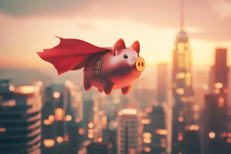 3D illustration of a piggy bank wearing a red superhero cape, flying above a city skyline at sunset.