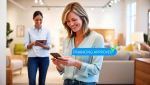 Smiling woman in a furniture store receiving a financing approval notification on her smartphone while another associate works on a tablet in the background.